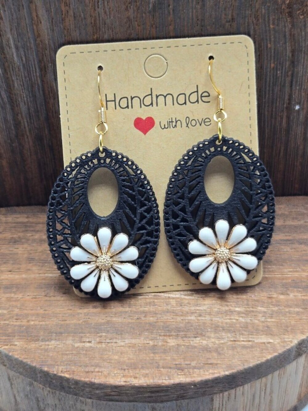 NWT Wood Filigree Flower Earrings Pierced Gold Tone Cottagecore Dangle Drop OOAK